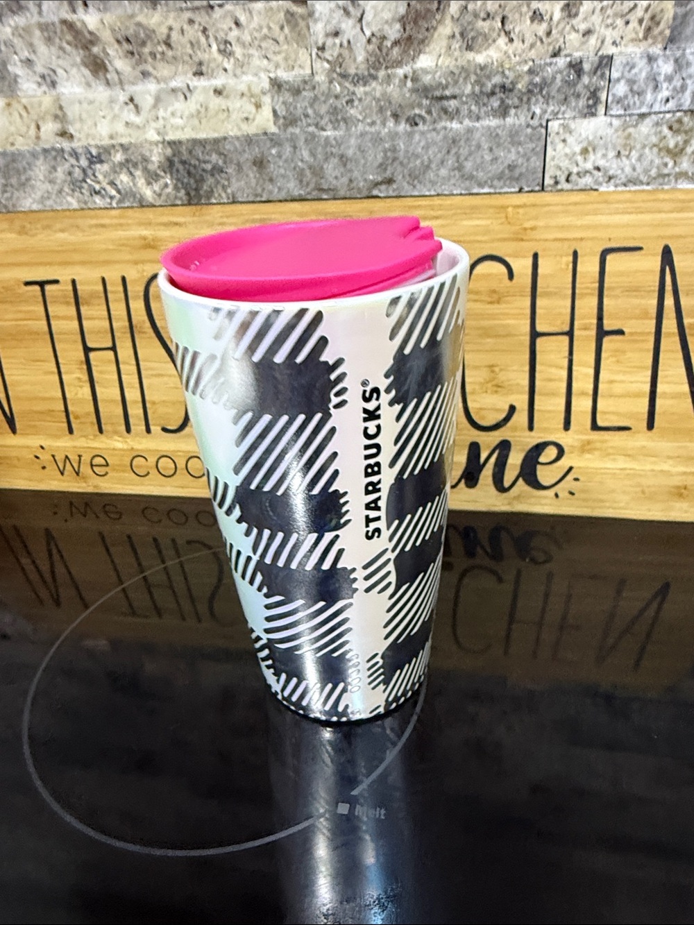 Starbucks Black White Plaid Travel Mug with Pink Lid